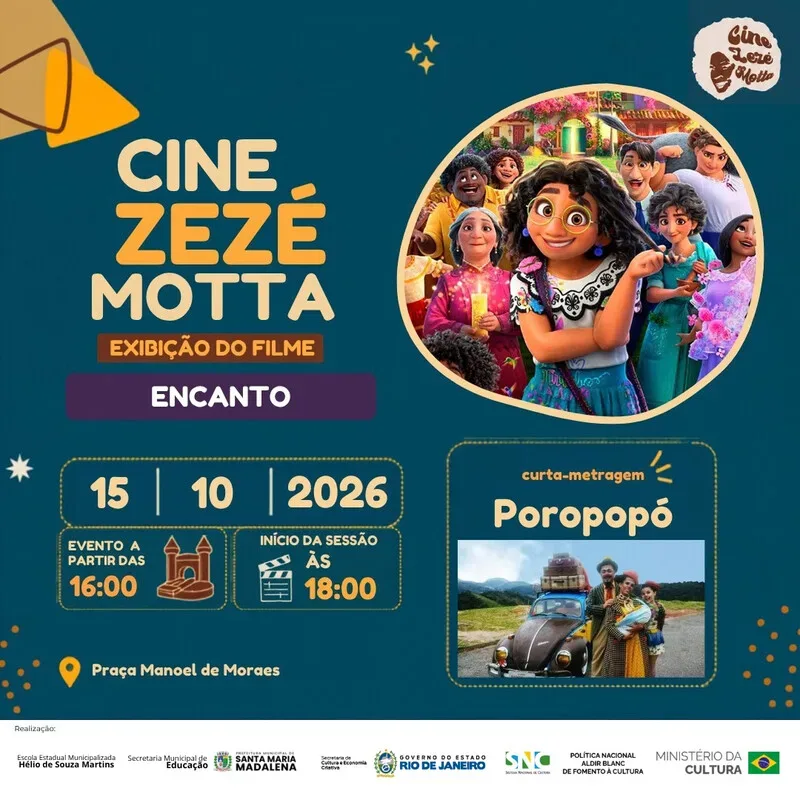 Cine Zezé Motta exibe “Encanto” de graça em Manoel de Moraes, Santa Maria Madalena, em 15 de outubro
